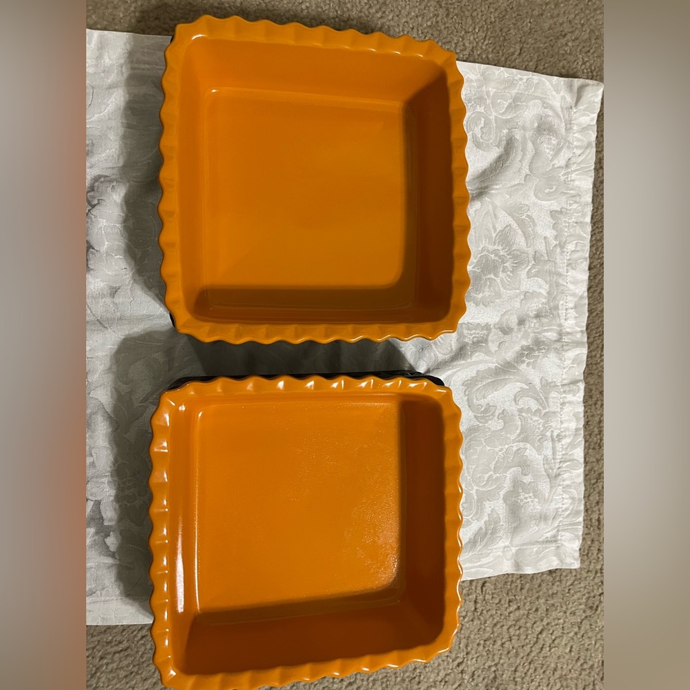 Orange Ceramic Baking Dishes (8x8) Quantity Two (2) with Cast Iron Display Stand